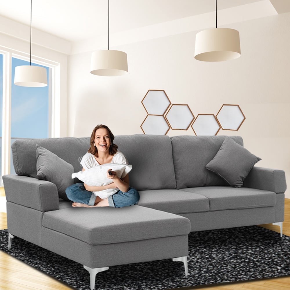 Dark Grey Linen Corner Sofa with Right Chaise, High-Density Foam