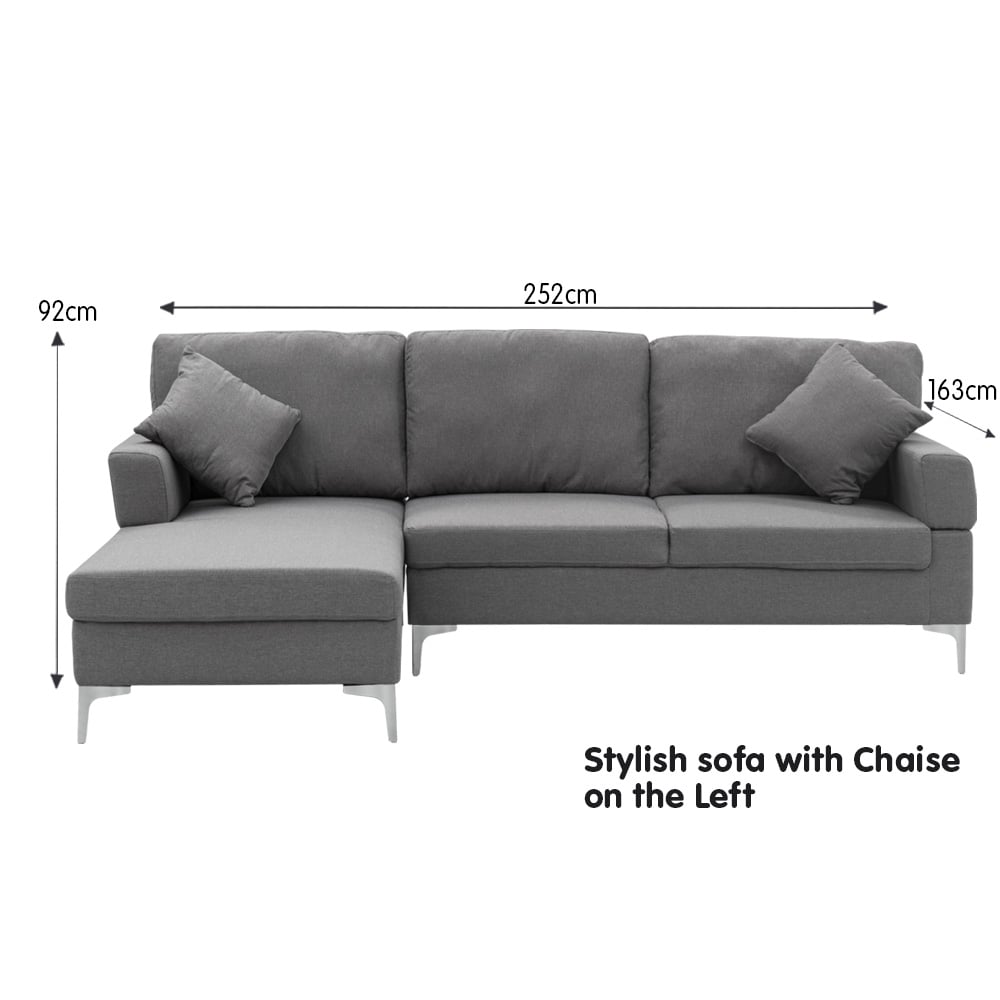 Dark Grey Linen Corner Sofa with Right Chaise, High-Density Foam