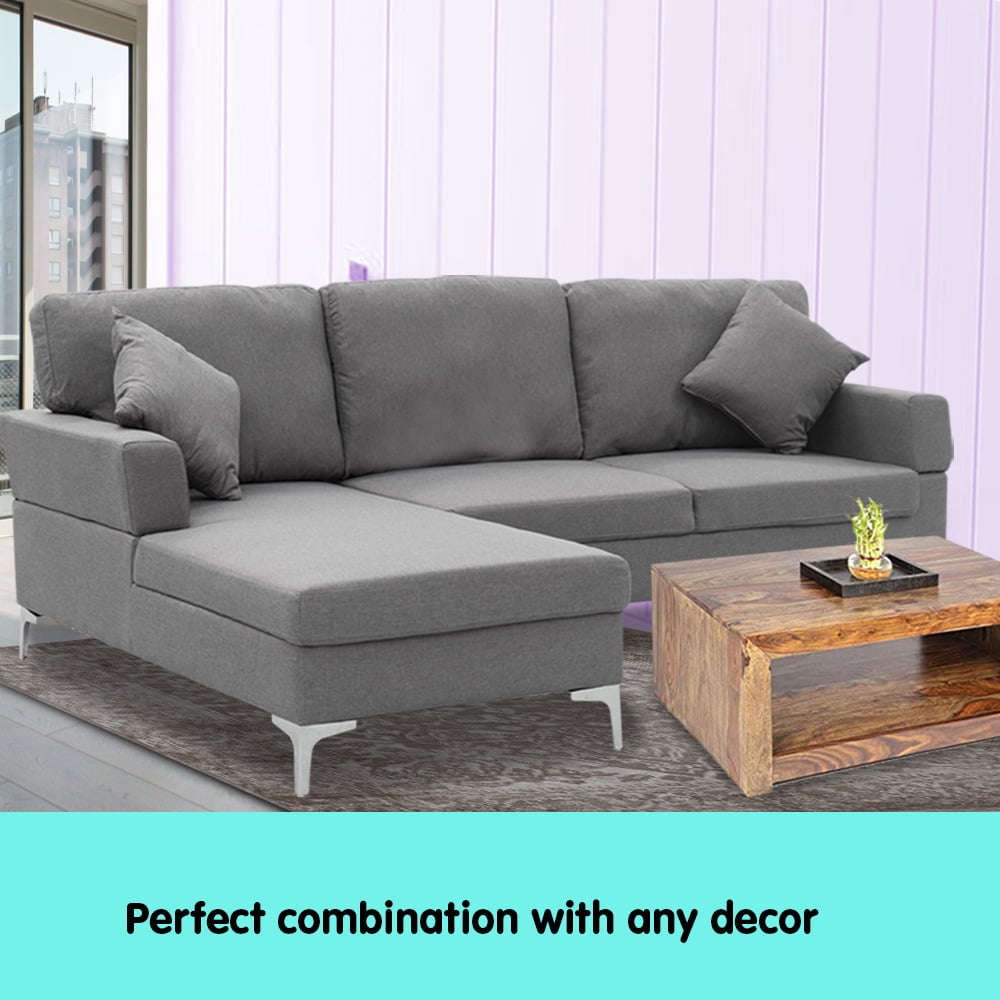 Dark Grey Linen Corner Sofa with Right Chaise, High-Density Foam