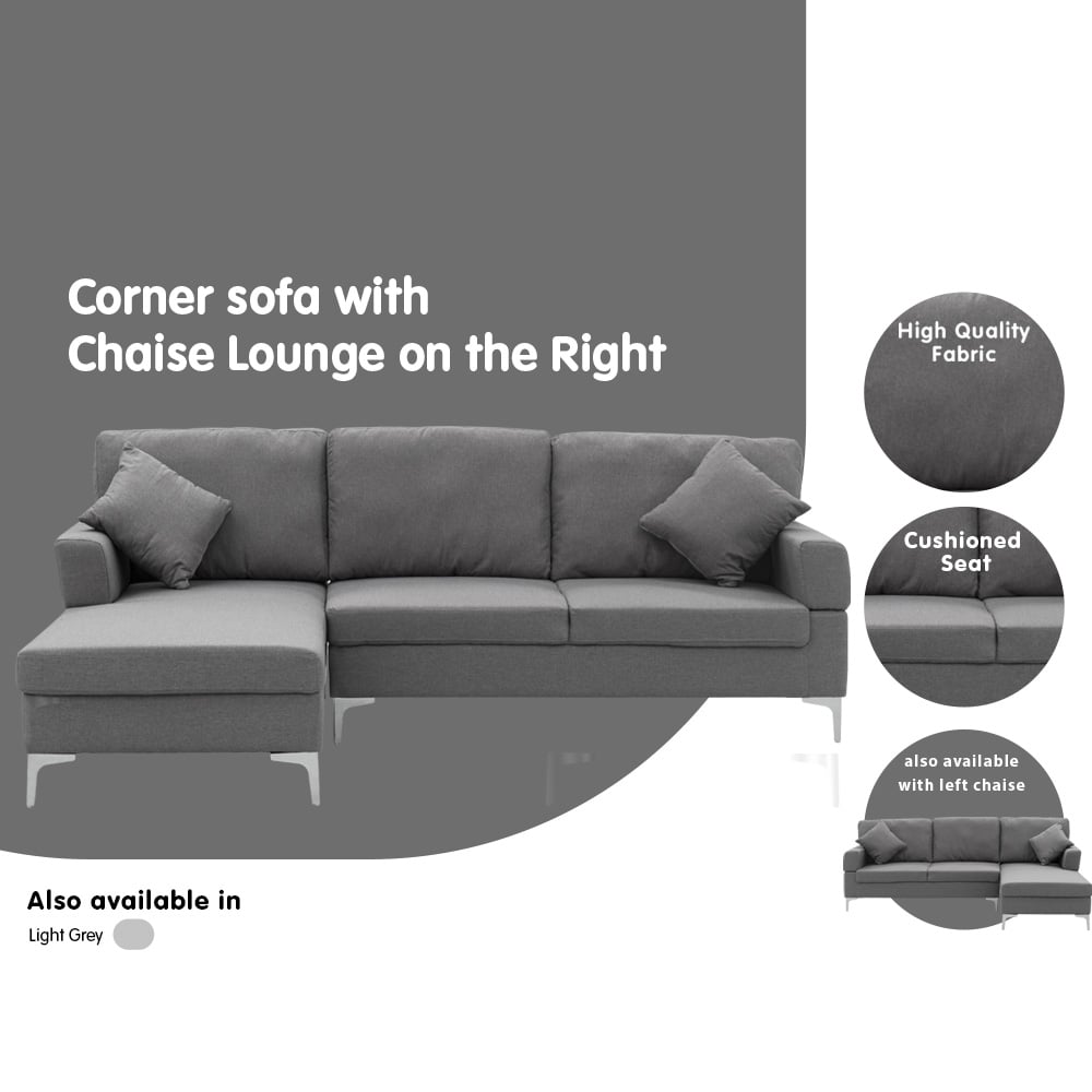 Dark Grey Linen Corner Sofa with Right Chaise, High-Density Foam