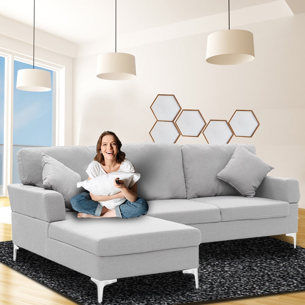 Light Grey Linen Corner Sofa w/ Right Chaise, High-Density Foam