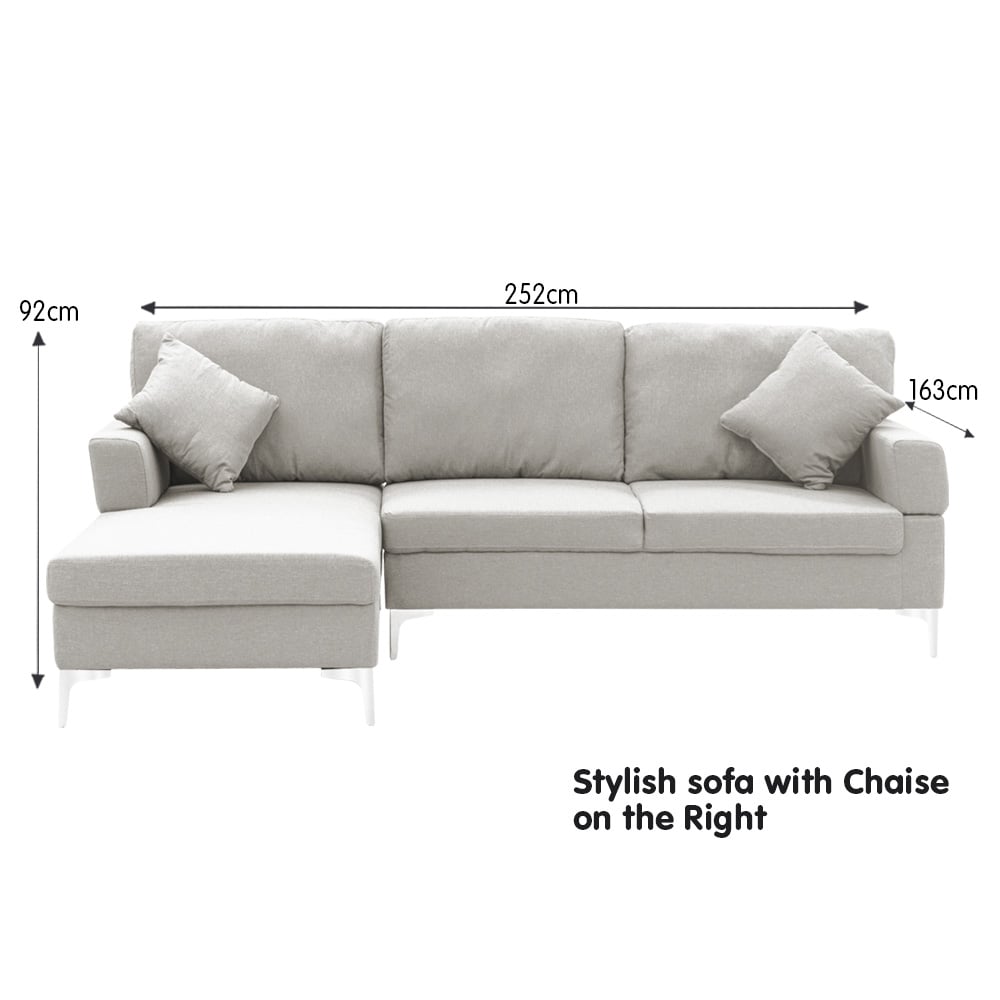 Light Grey Linen Corner Sofa w/ Right Chaise, High-Density Foam