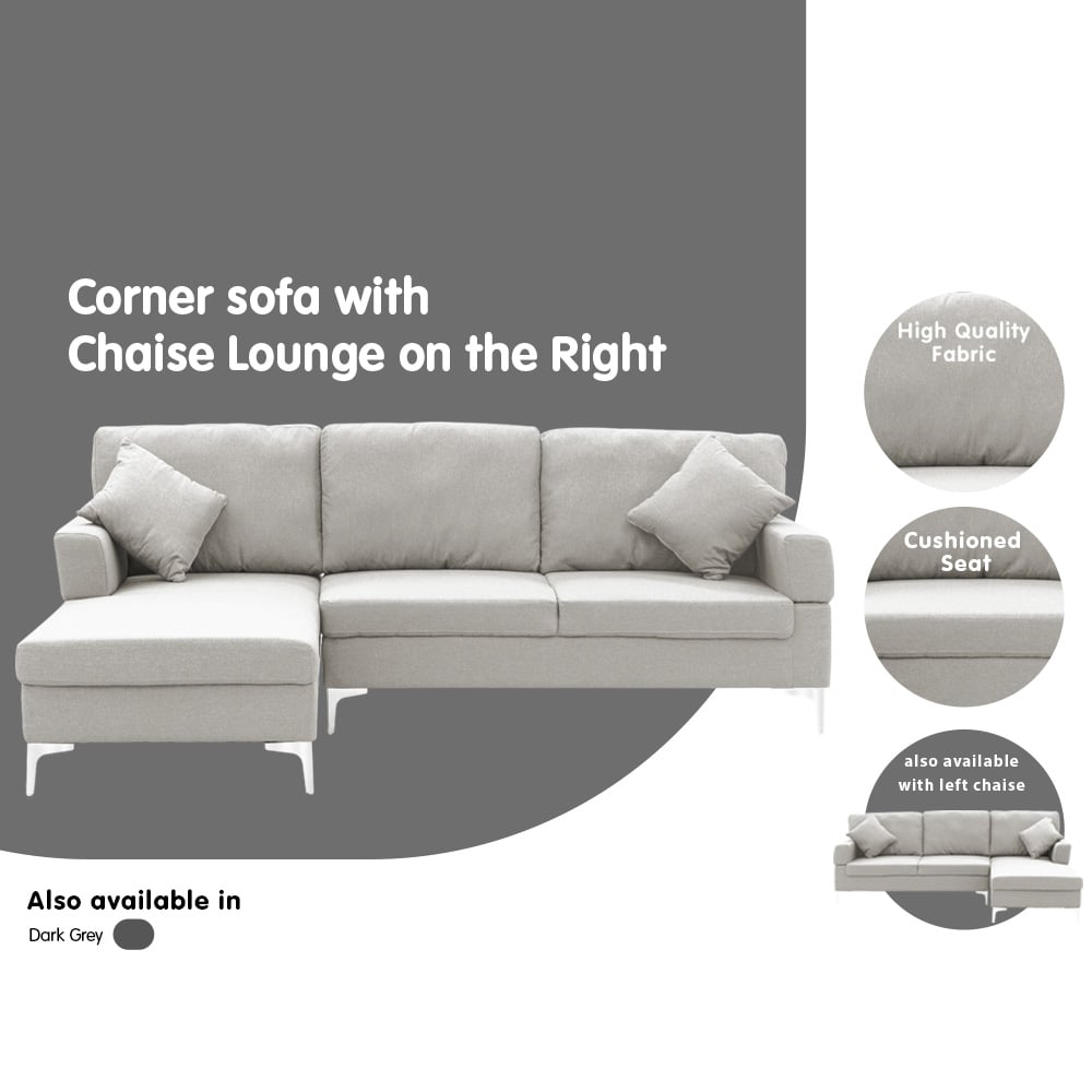 Light Grey Linen Corner Sofa w/ Right Chaise, High-Density Foam