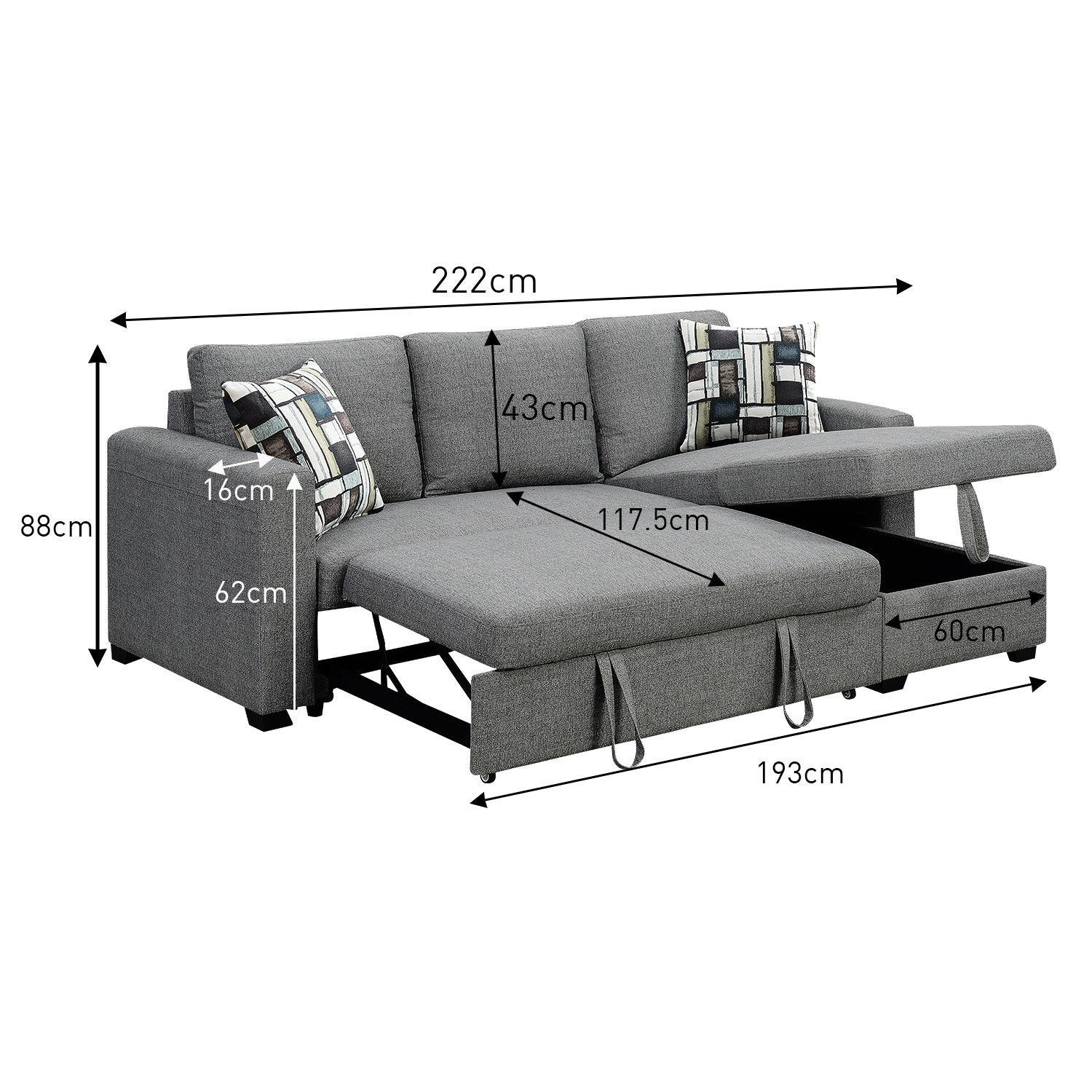 Pullout Sofa Bed with Storage Chaise, Wooden Frame, Grey