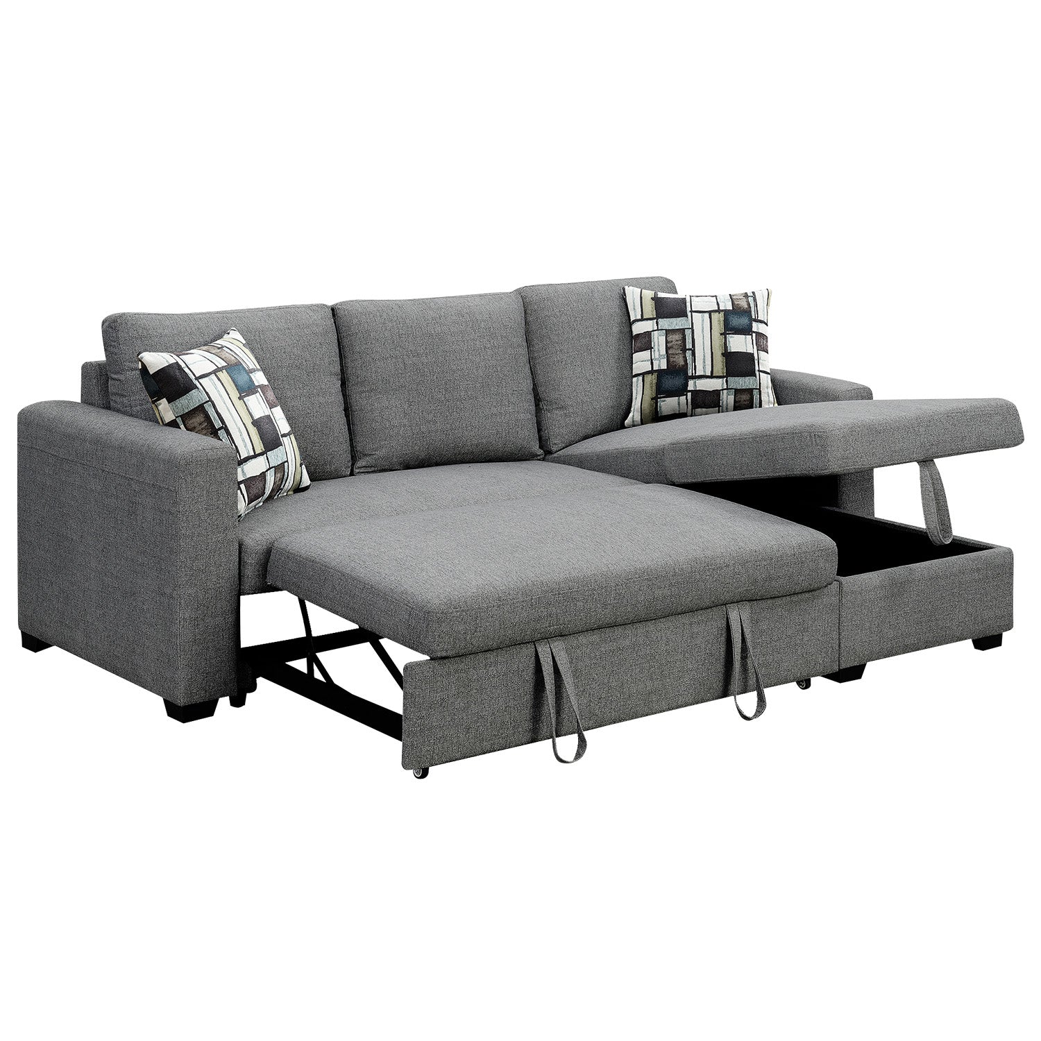 Pullout Sofa Bed with Storage Chaise, Wooden Frame, Grey