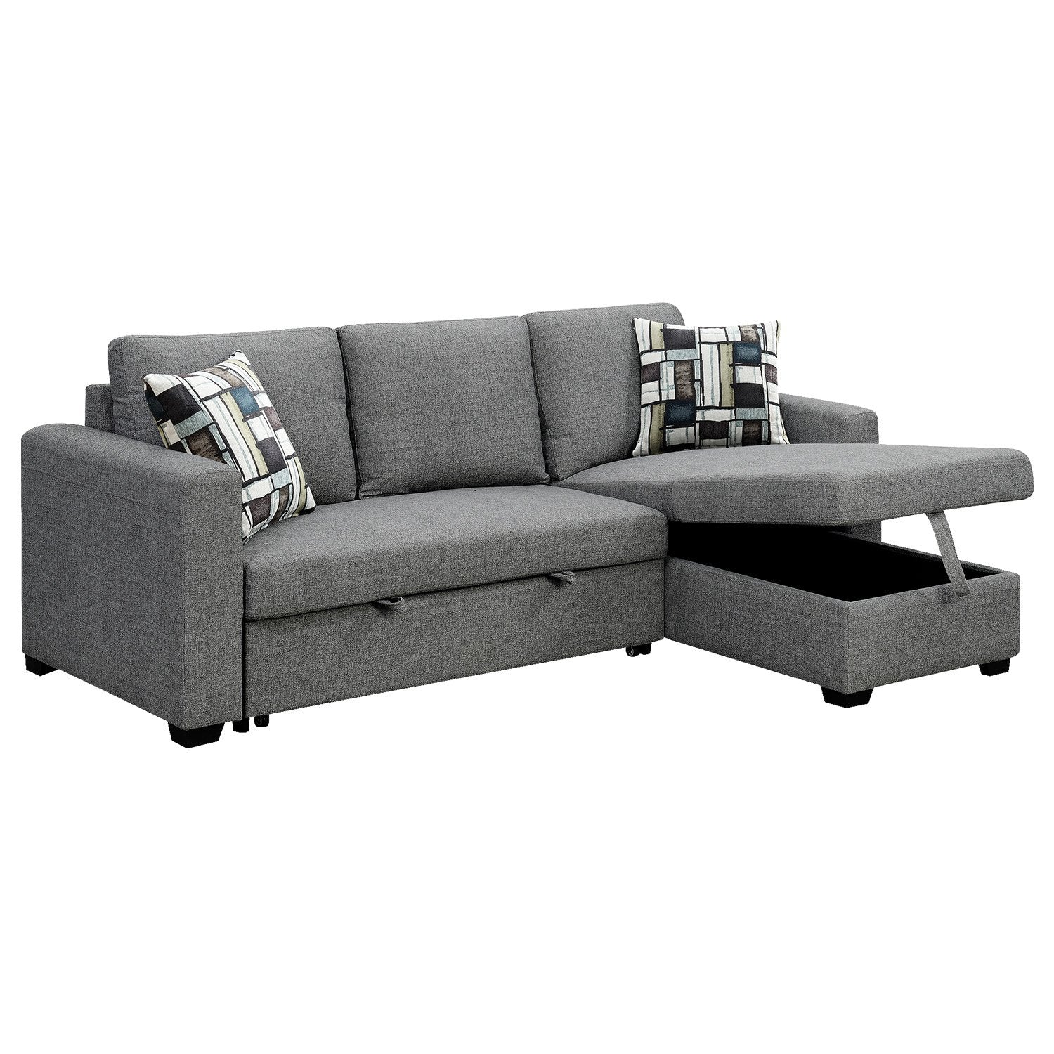 Pullout Sofa Bed with Storage Chaise, Wooden Frame, Grey