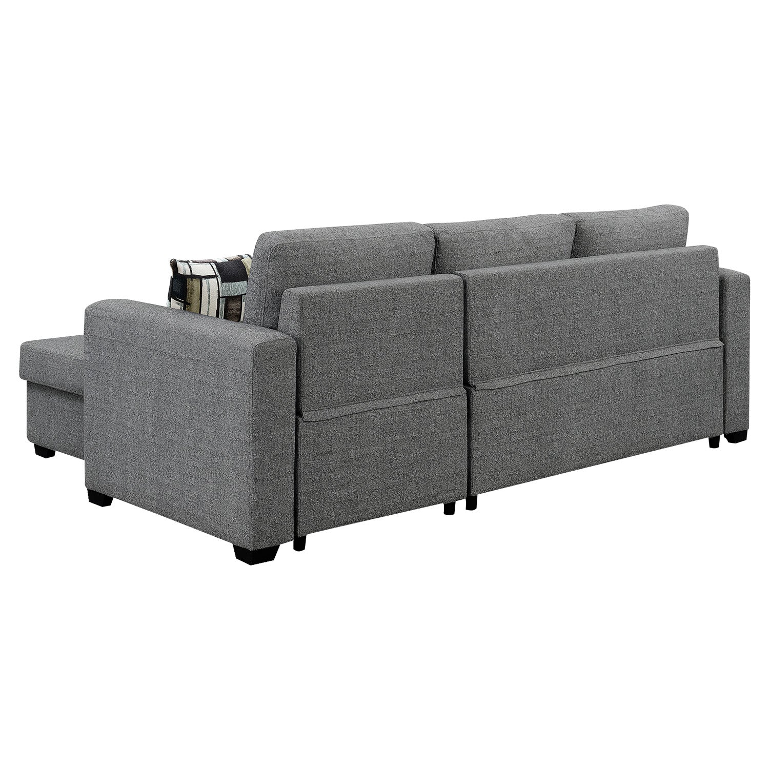 Pullout Sofa Bed with Storage Chaise, Wooden Frame, Grey