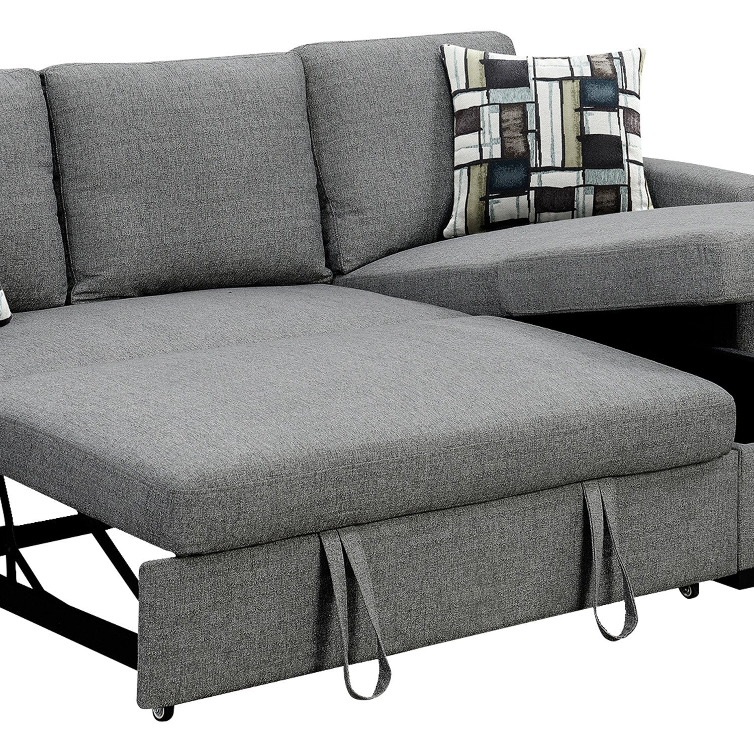 Pullout Sofa Bed with Storage Chaise, Wooden Frame, Grey