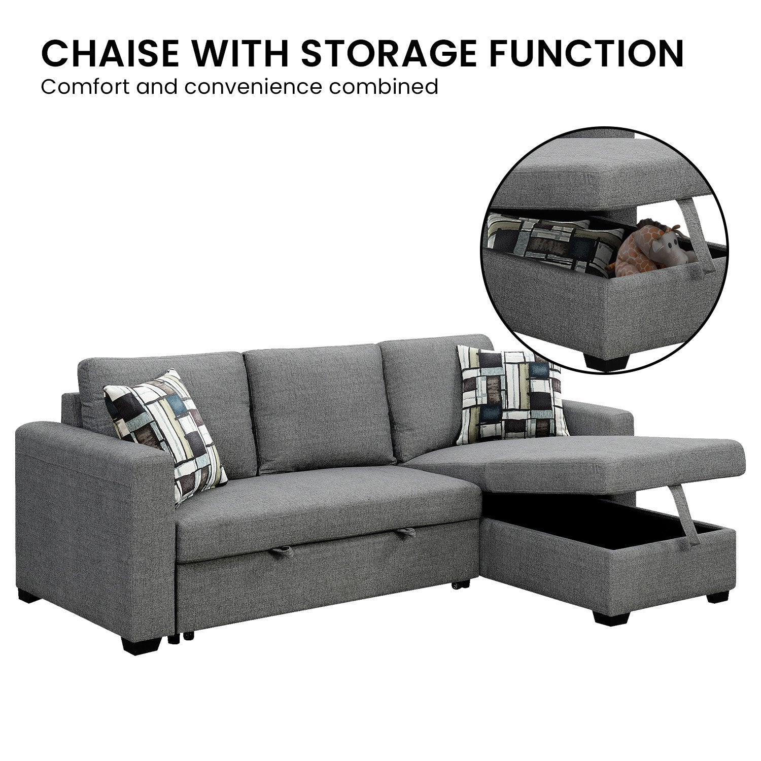 Pullout Sofa Bed with Storage Chaise, Wooden Frame, Grey