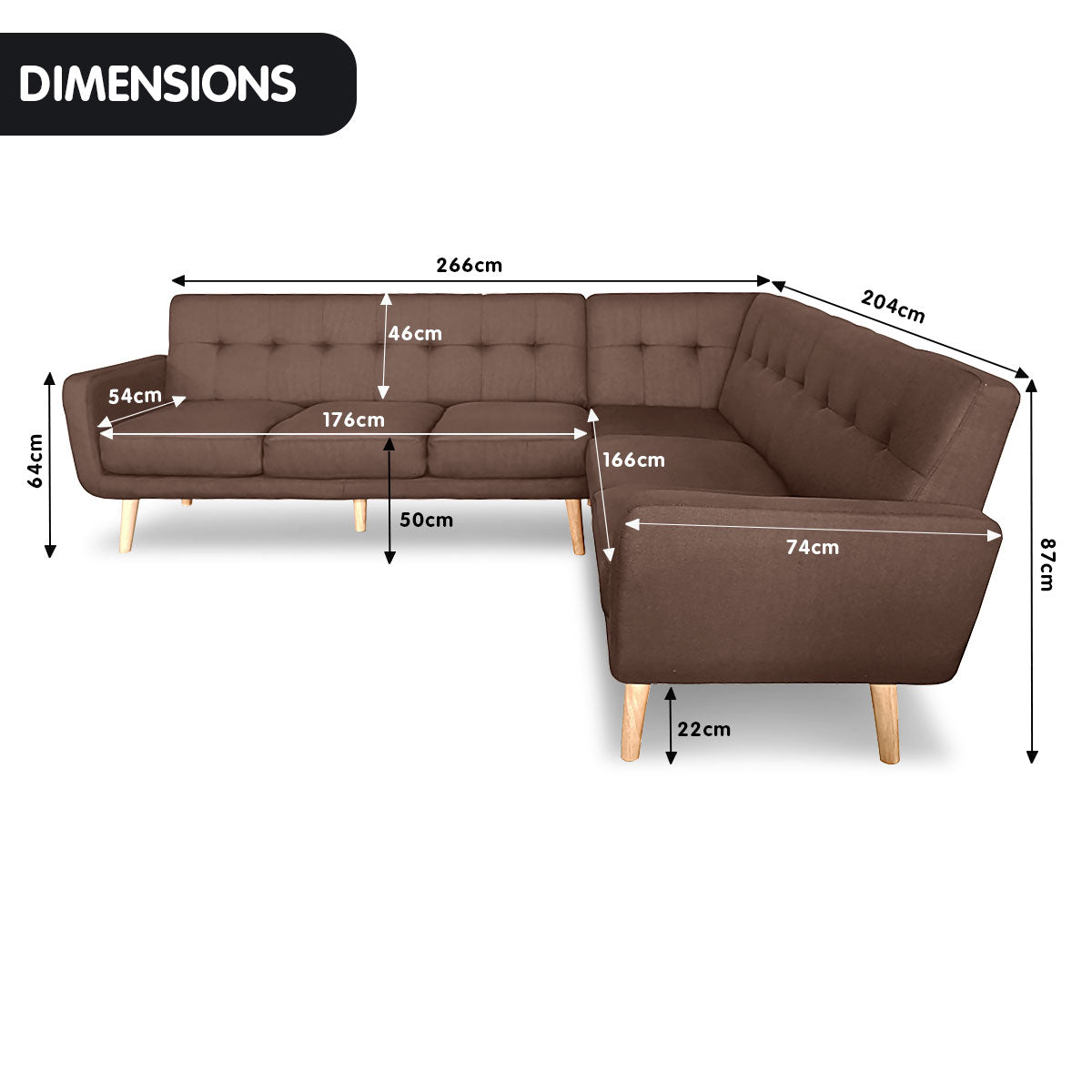 6-Seater Faux Linen L-Shaped Sofa with Chaise, Wooden Legs