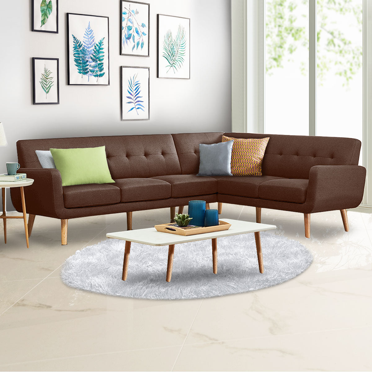 6-Seater Faux Linen L-Shaped Sofa with Chaise, Wooden Legs