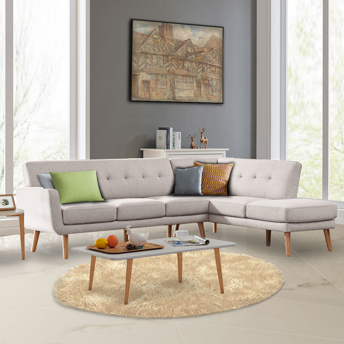 Light Grey 6-Seater Faux Linen Sofa with Chaise, Sarantino