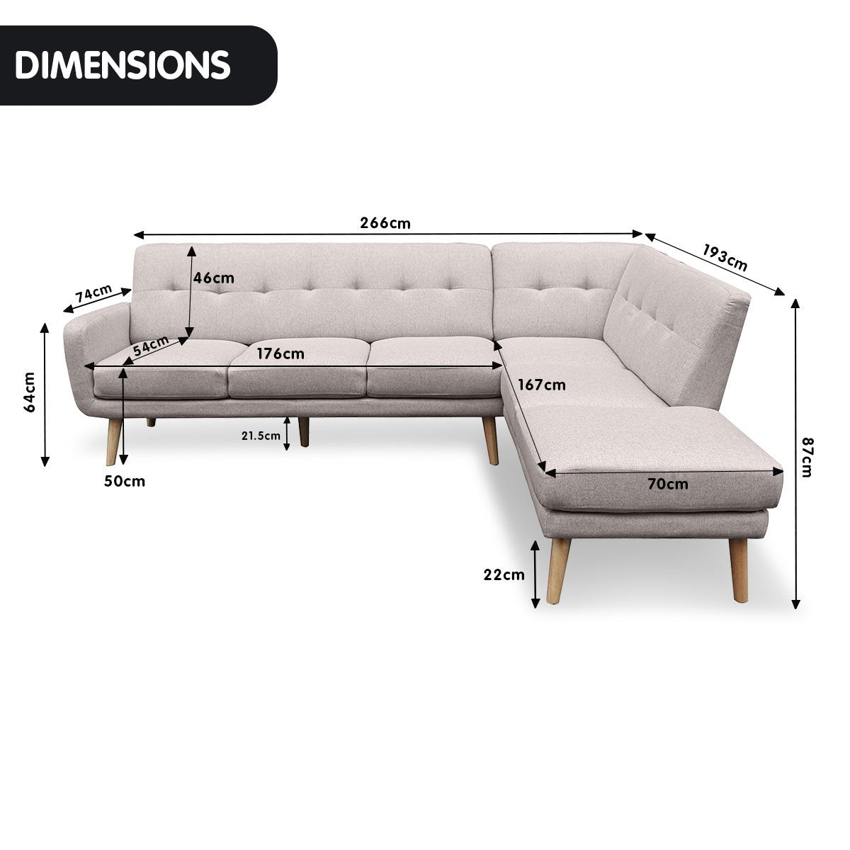 Light Grey 6-Seater Faux Linen Sofa with Chaise, Sarantino