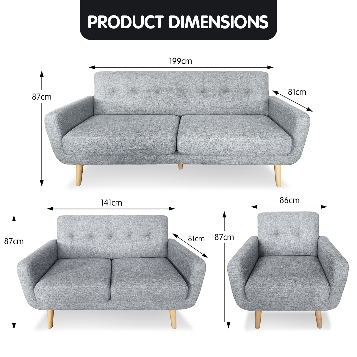 6-Seater Linen Sofa Set, Wooden Frame, High-Density Cushion