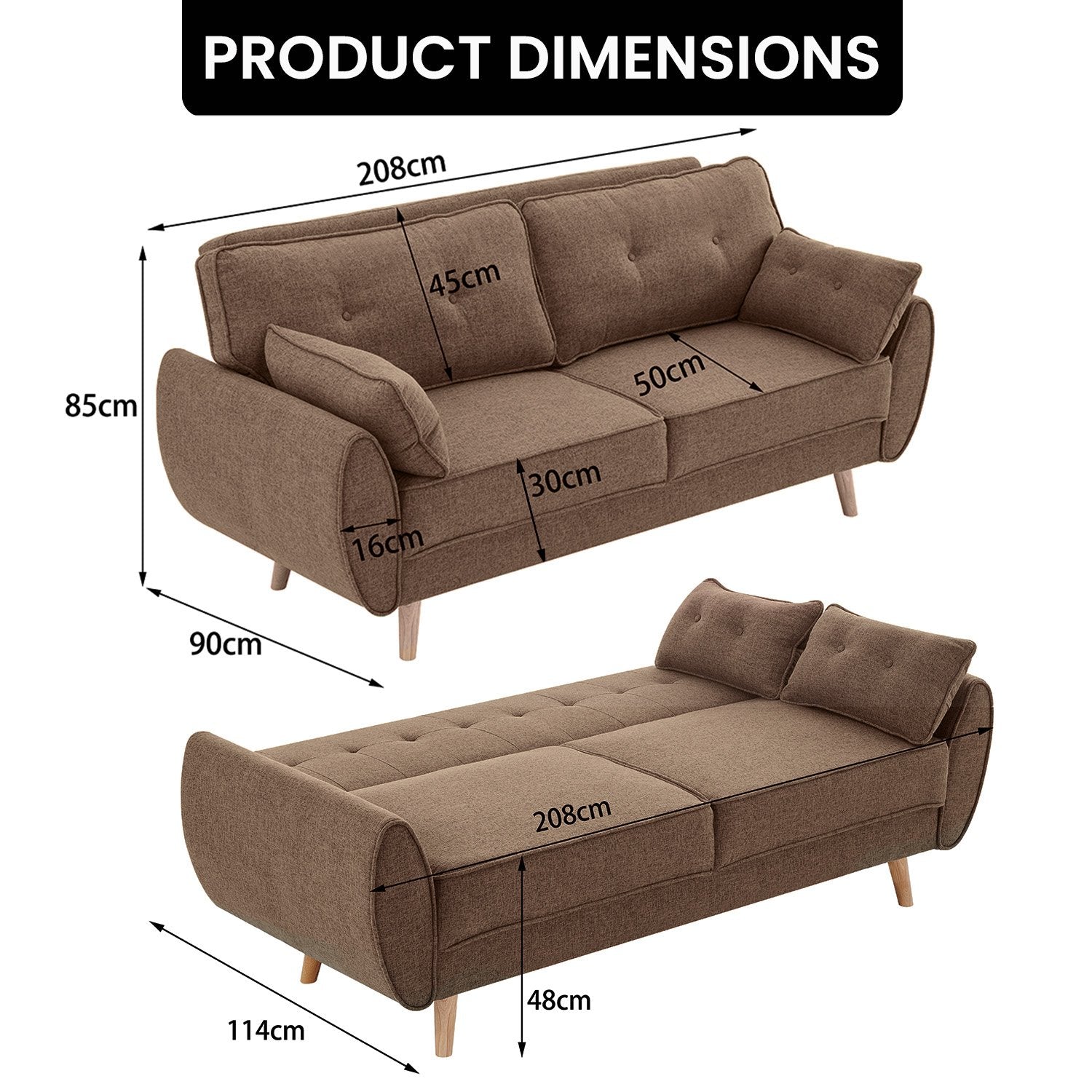 Sarantino 3 Seater Modular Linen Sofa Bed Brown
