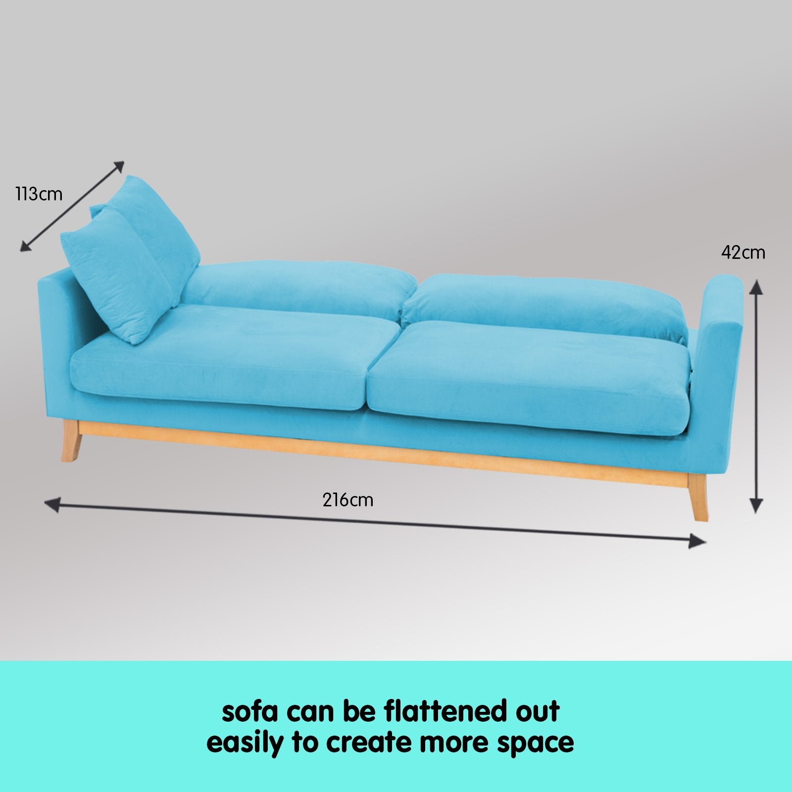 Blue Faux Velvet 3-Seater Sofa Bed, Wooden Frame