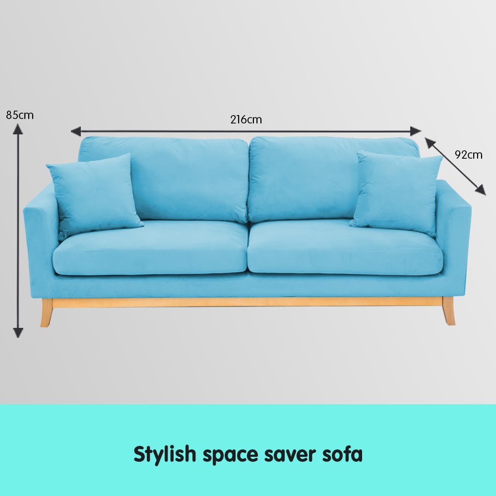 Blue Faux Velvet 3-Seater Sofa Bed, Wooden Frame