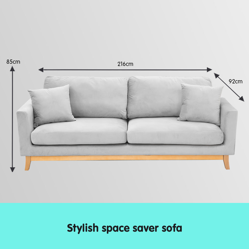 Light Grey 3 Seater Faux Velvet Sofa Bed - Easy Assembly, Wooden Frame