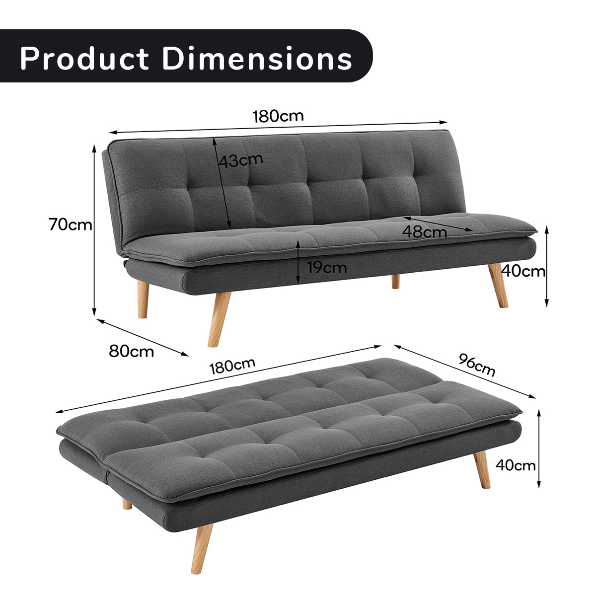 Dark Grey Linen 3-Seater Sofa Bed, Pine Frame, Adjustable