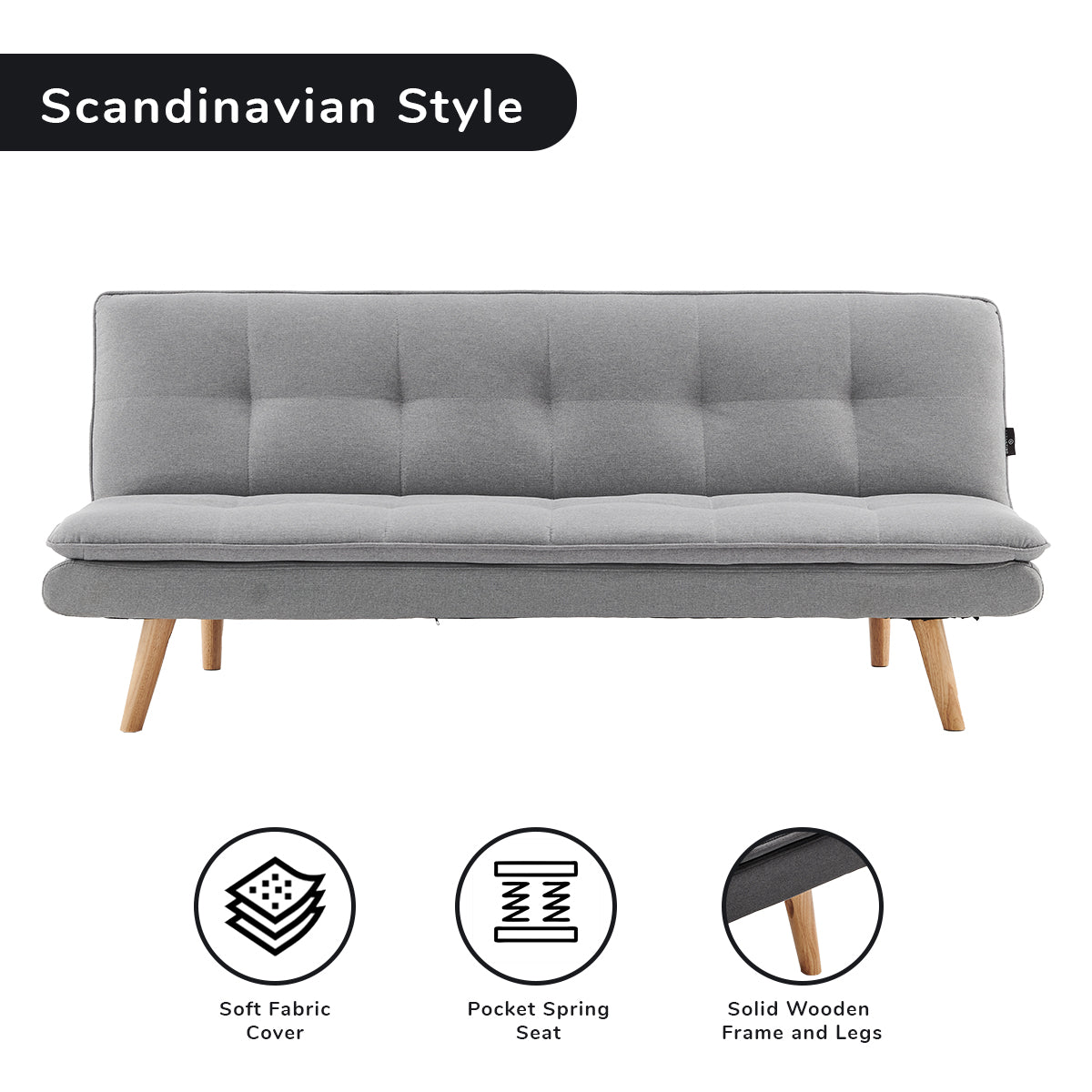 Light Grey Linen 3-Seater Sofa Bed with Wooden Legs