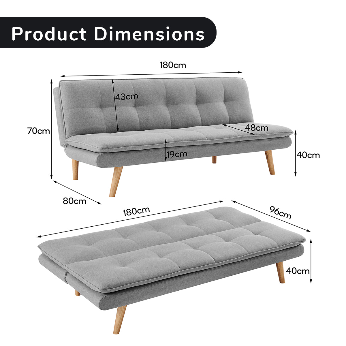 Light Grey Linen 3-Seater Sofa Bed with Wooden Legs