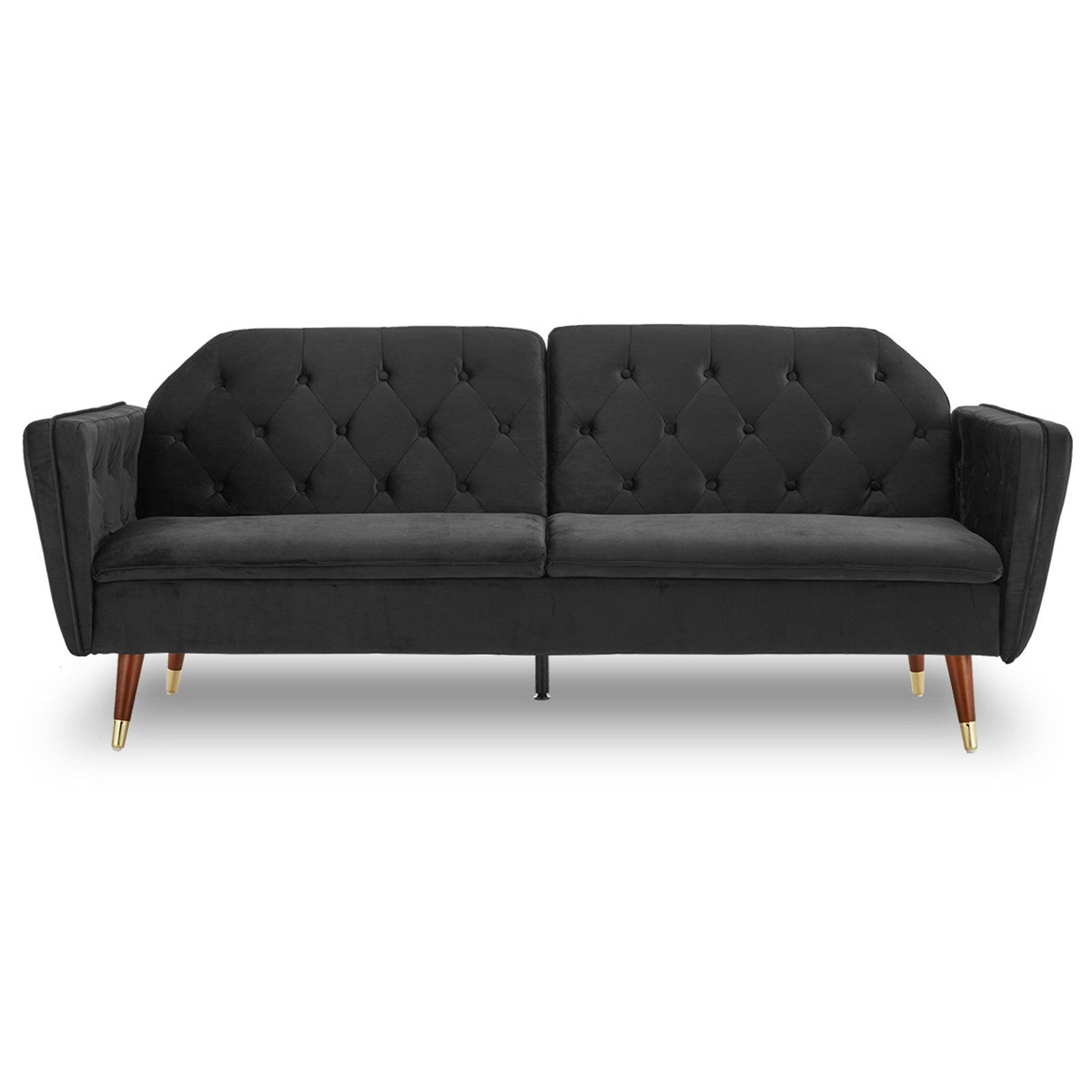 Black Faux Velvet Sofa Bed Couch, Tufted, Wood Frame