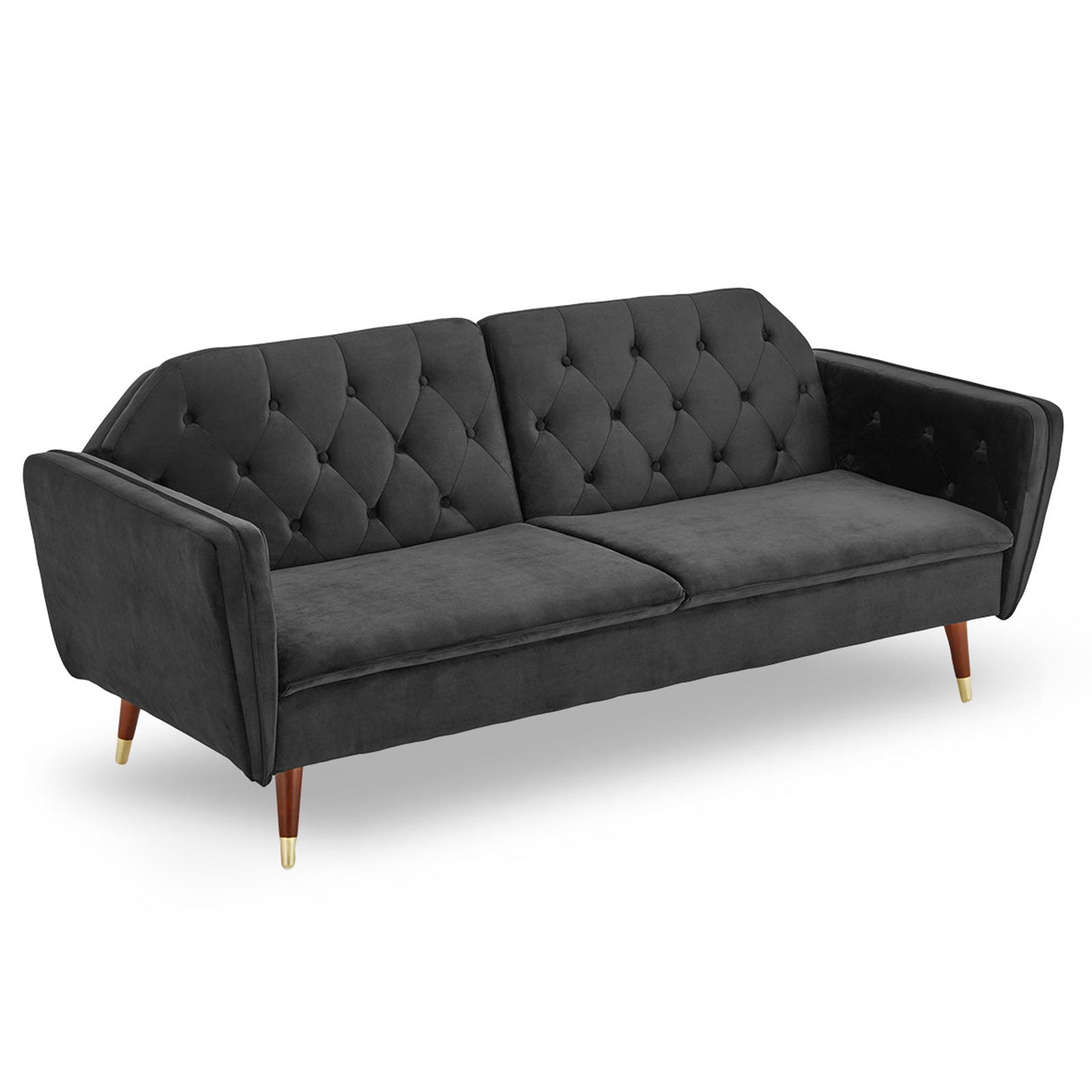 Black Faux Velvet Sofa Bed Couch, Tufted, Wood Frame