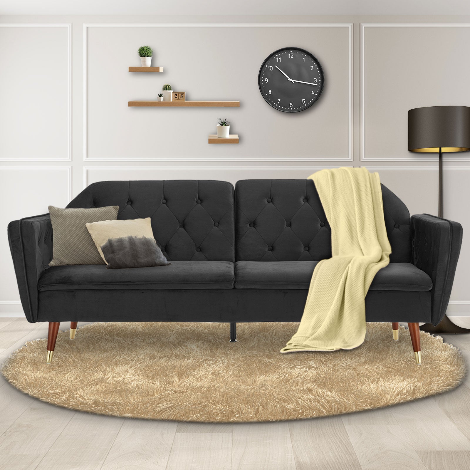 Black Faux Velvet Sofa Bed Couch, Tufted, Wood Frame