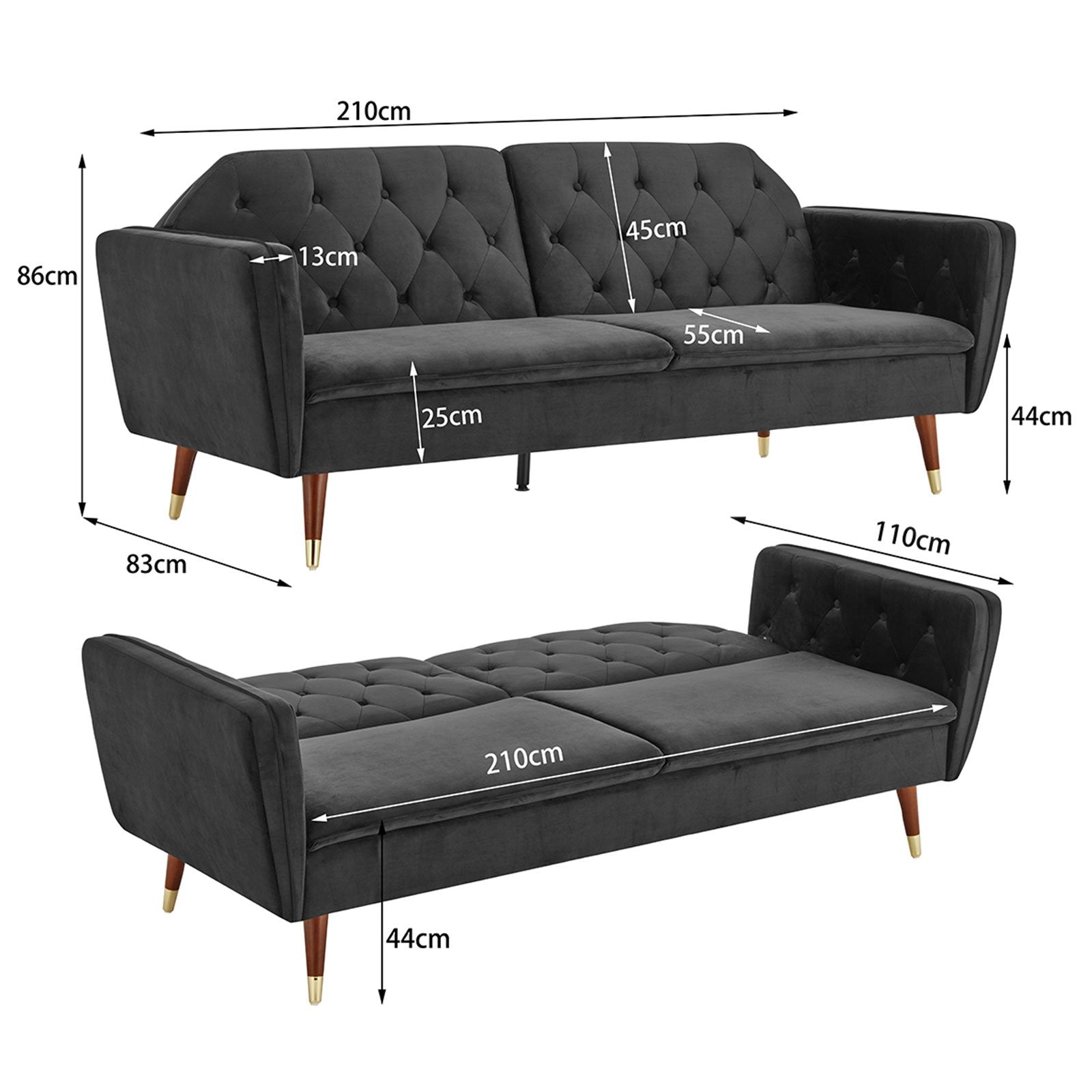 Black Faux Velvet Sofa Bed Couch, Tufted, Wood Frame