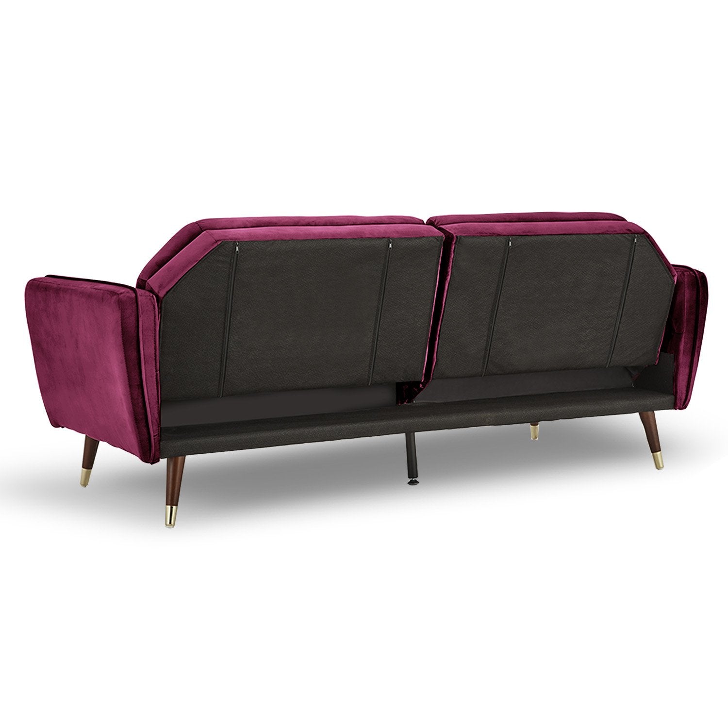 Burgundy Faux Velvet Tufted Sofa Bed, Wooden Frame