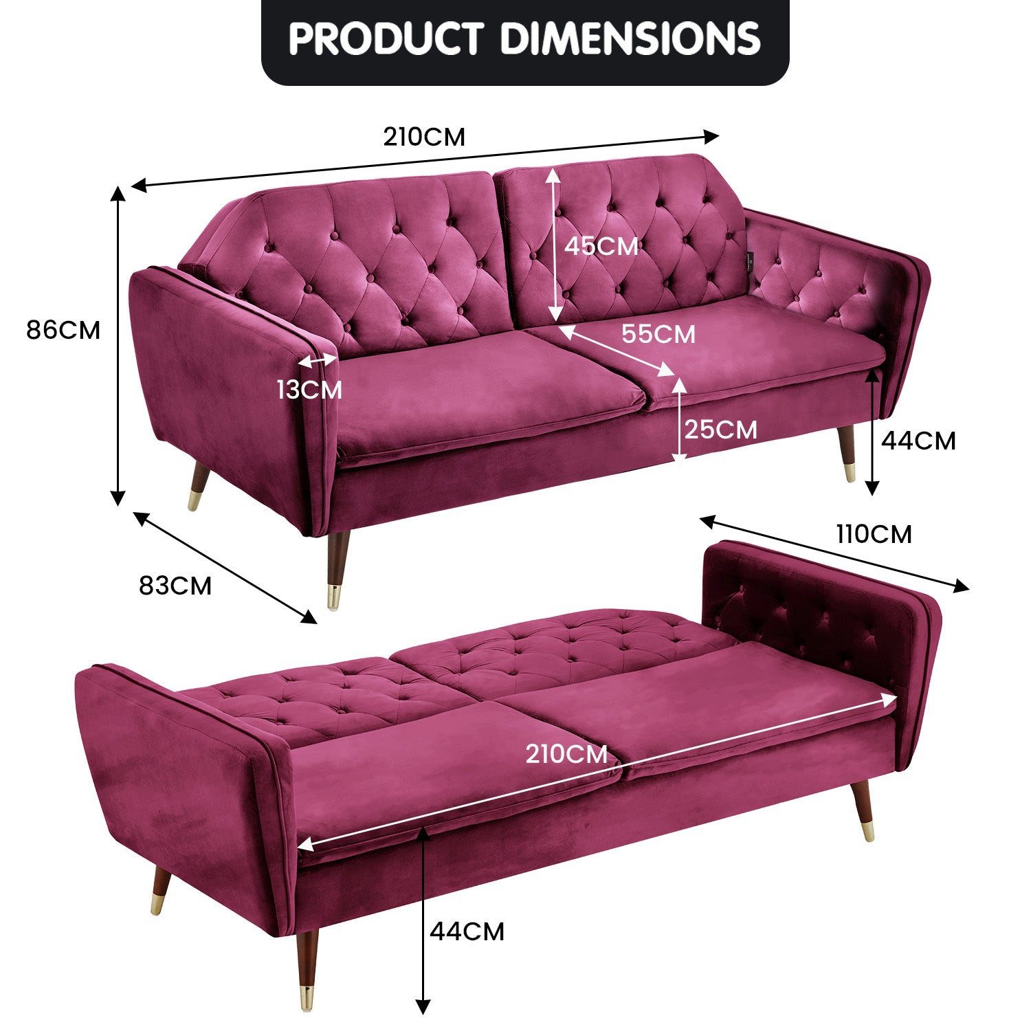 Burgundy Faux Velvet Tufted Sofa Bed, Wooden Frame