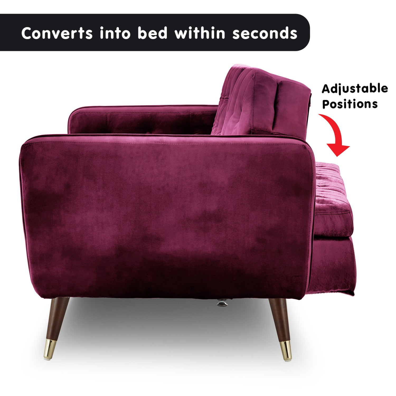 Burgundy Faux Velvet Tufted Sofa Bed, Wooden Frame