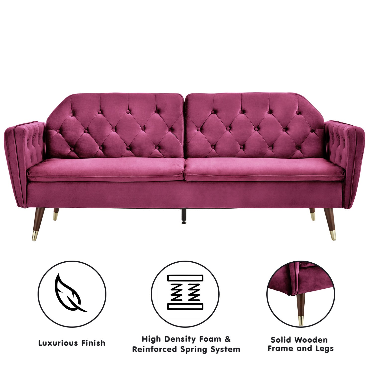 Burgundy Faux Velvet Tufted Sofa Bed, Wooden Frame