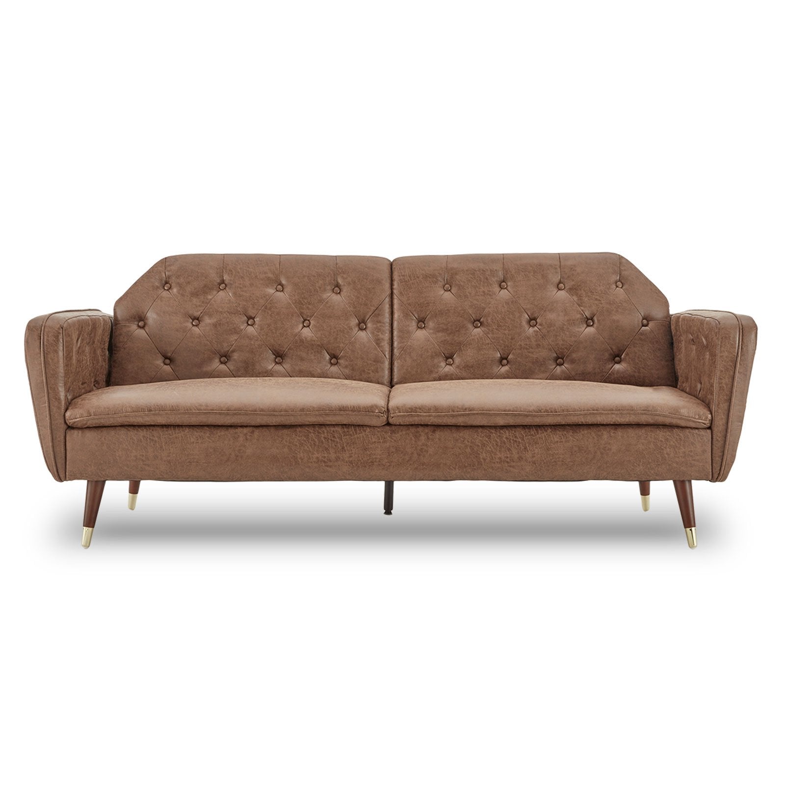 Faux Velvet Tufted Sofa Bed, Wooden Frame, Brown - Sarantino