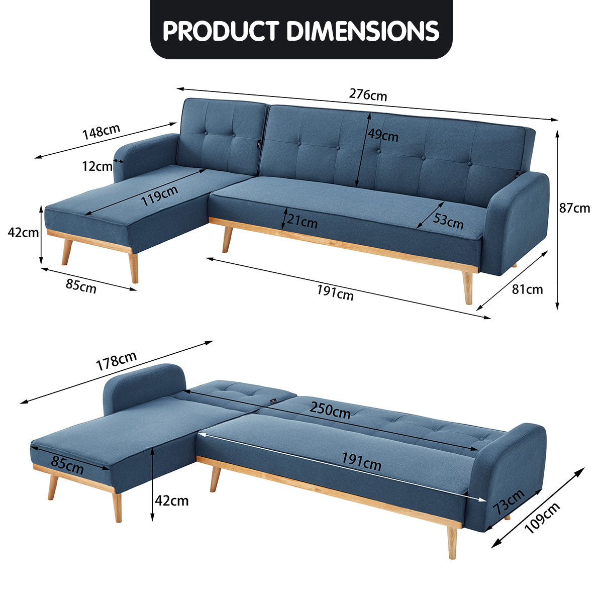 Adjustable 3-Seater Corner Sofa Bed, Chaise, Linen - Sarantino