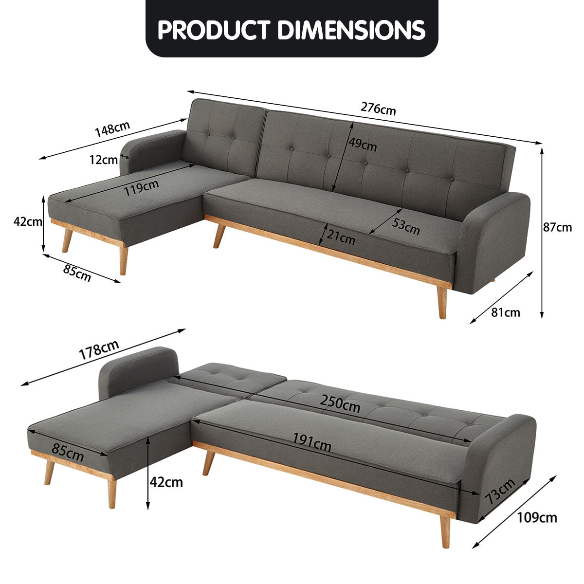 Premium 3-Seater Sofa Bed with Chaise Lounge, Faux Linen