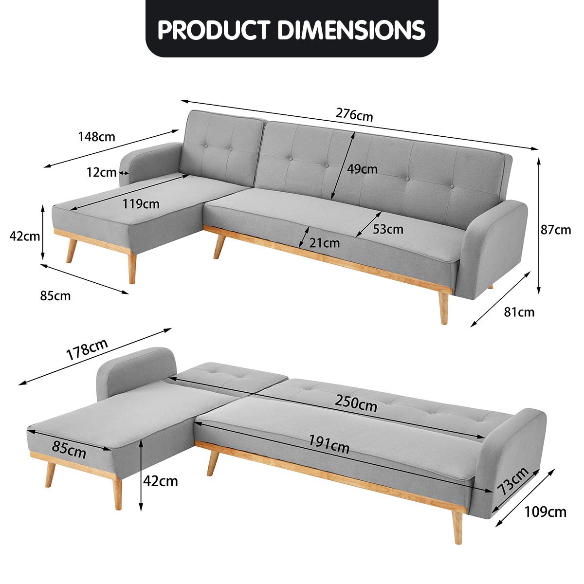 Adjustable Corner Sofa Bed, Chaise Lounge, Linen - Sarantino