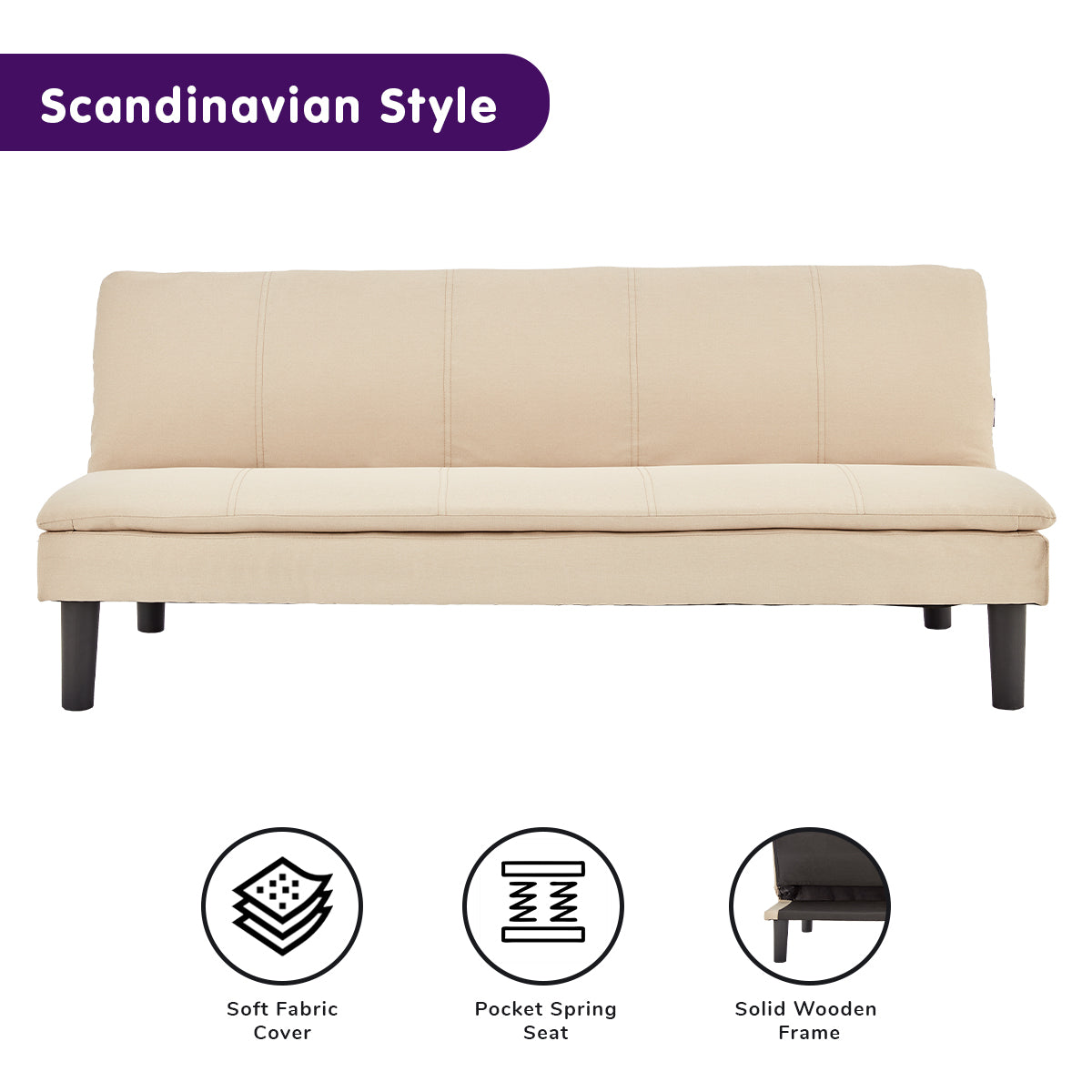 Beige 3-Seater Modular Faux Linen Sofa Bed, Adjustable Backrest