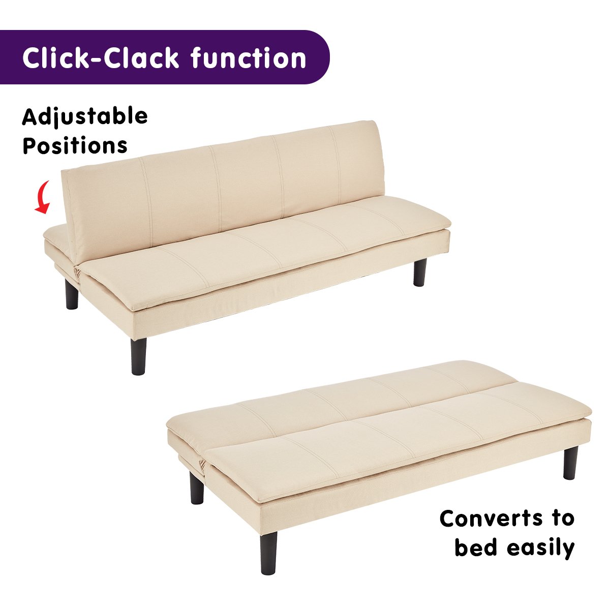 Beige 3-Seater Modular Faux Linen Sofa Bed, Adjustable Backrest