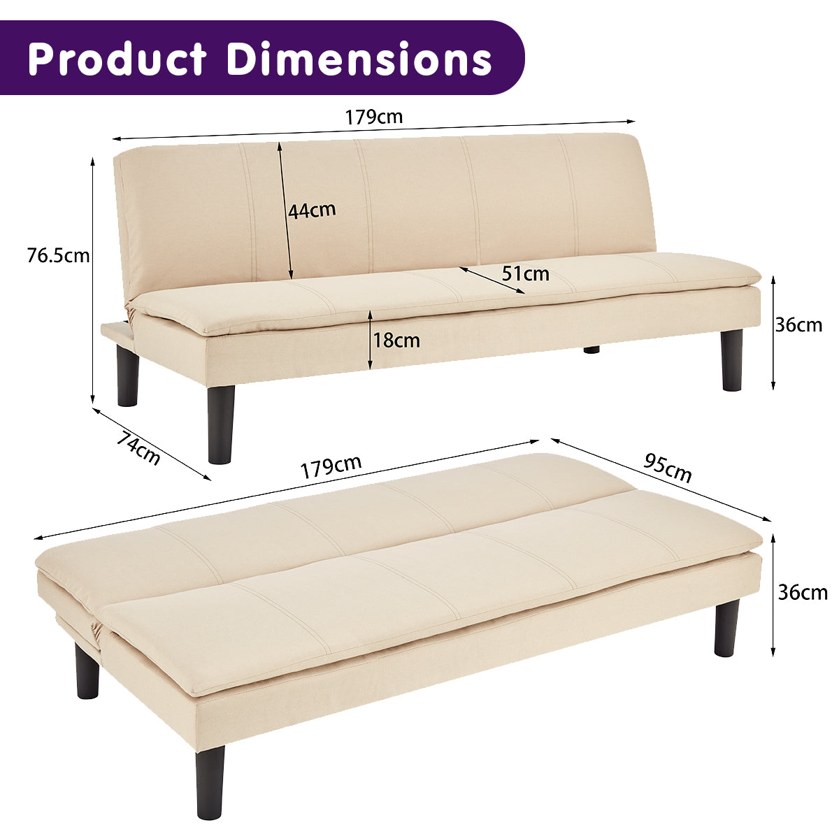 Beige 3-Seater Modular Faux Linen Sofa Bed, Adjustable Backrest