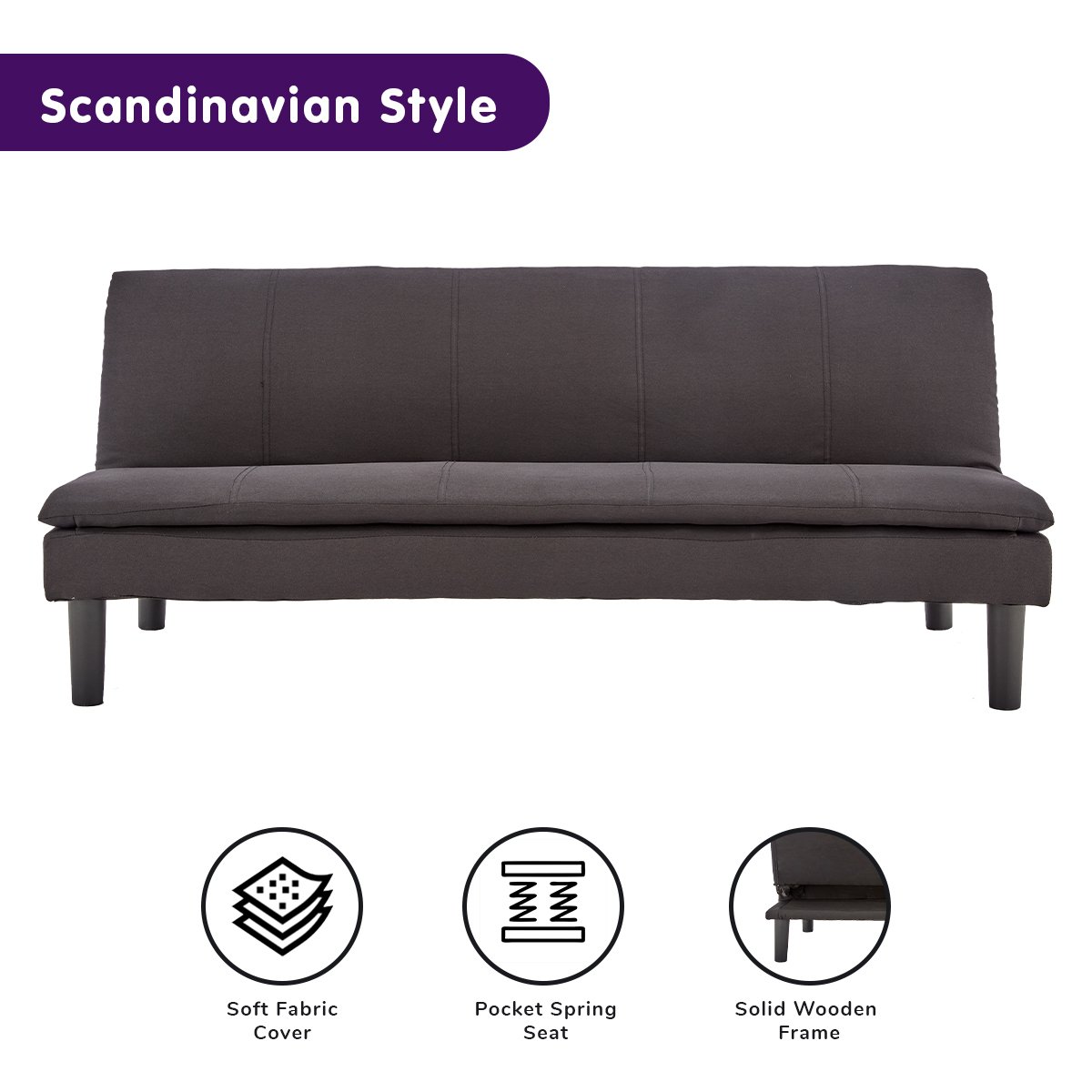 Black Faux Linen 3-Seater Modular Sofa Bed, Wooden Legs