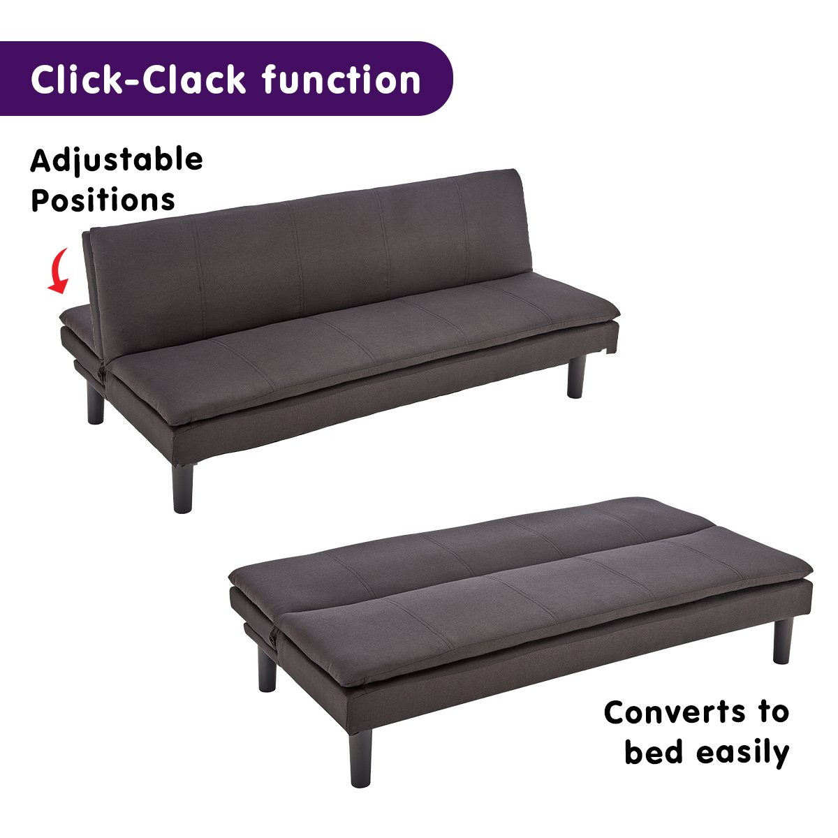 Black Faux Linen 3-Seater Modular Sofa Bed, Wooden Legs