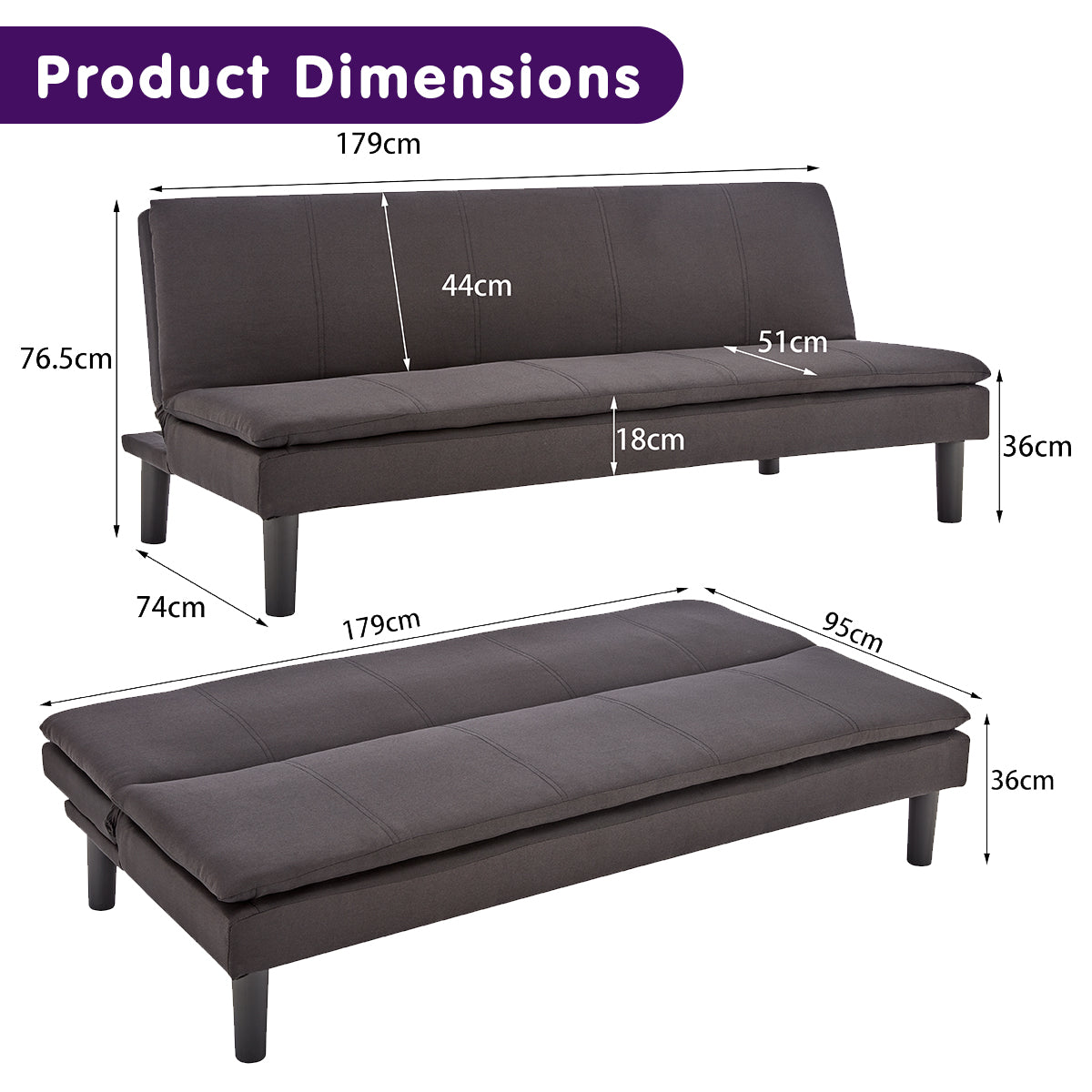 Black Faux Linen 3-Seater Modular Sofa Bed, Wooden Legs