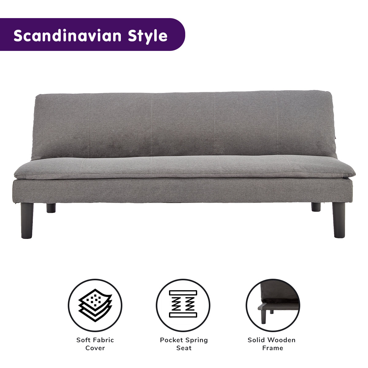 Adjustable Faux Linen 3 Seater Sofa Bed Couch - Dark Grey