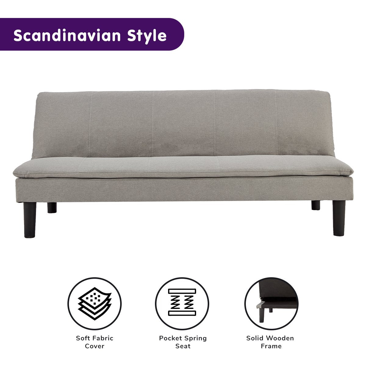 Adjustable Faux Linen 3 Seater Sofa Bed with Wooden Legs