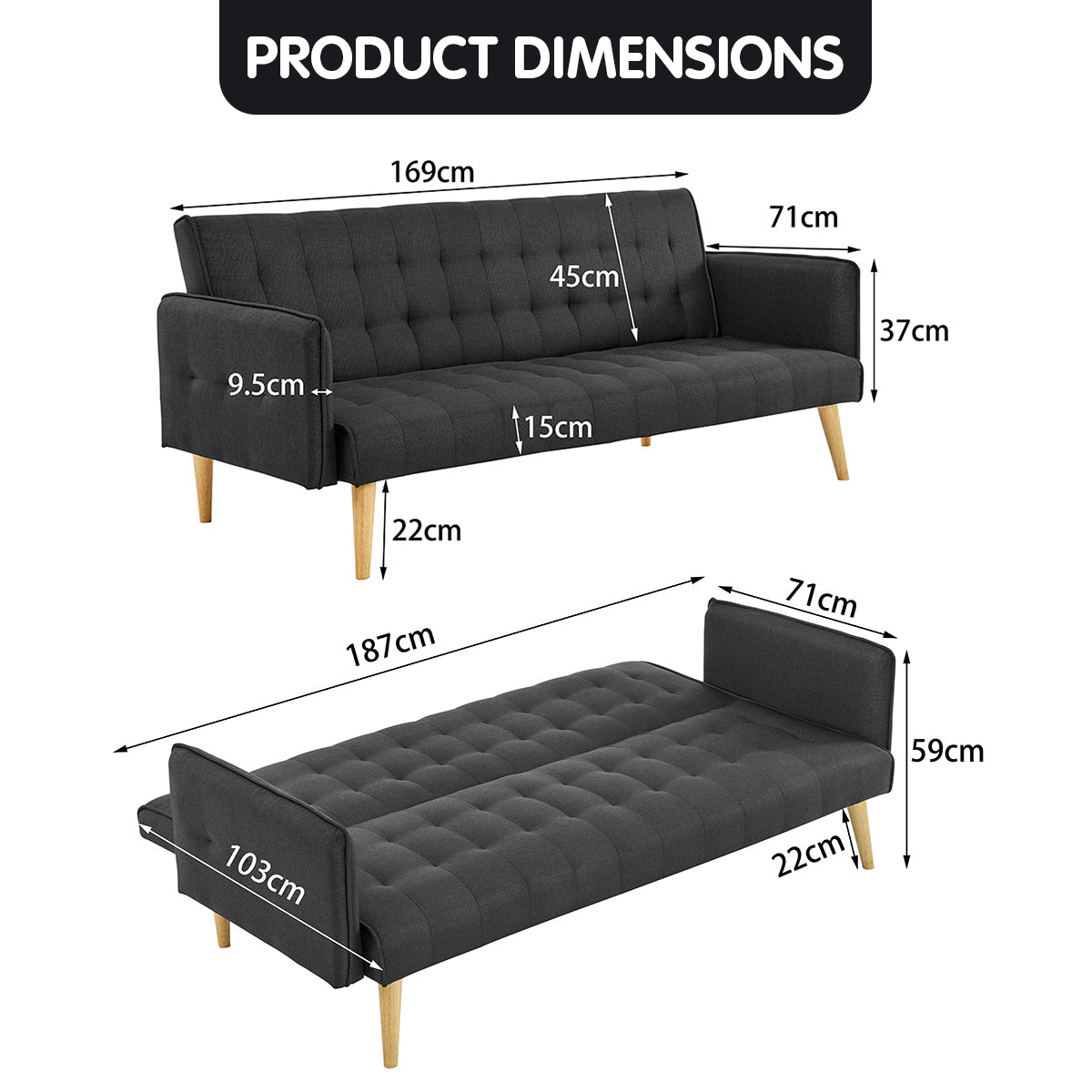 Modular 3-Seater Linen Sofa Bed, Adjustable Backrest