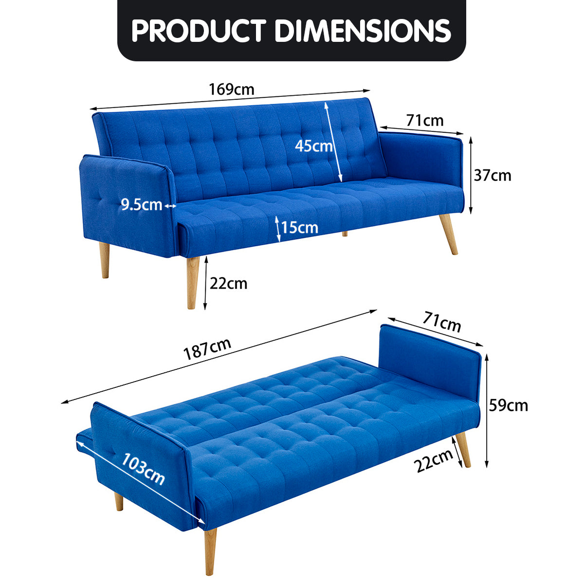 Blue Linen Modular 3-Seater Sofa Bed with Wooden Frame