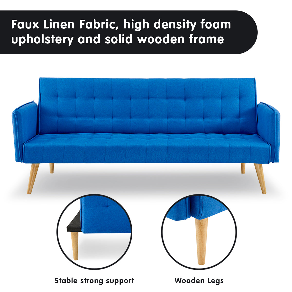 Blue Linen Modular 3-Seater Sofa Bed with Wooden Frame