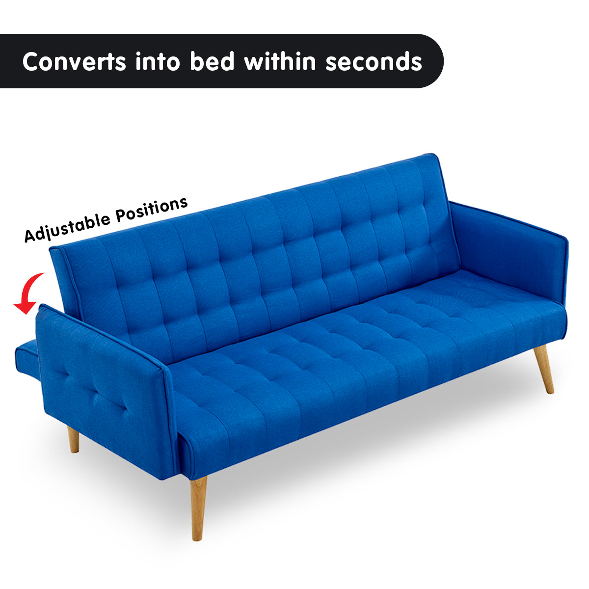 Blue Linen Modular 3-Seater Sofa Bed with Wooden Frame