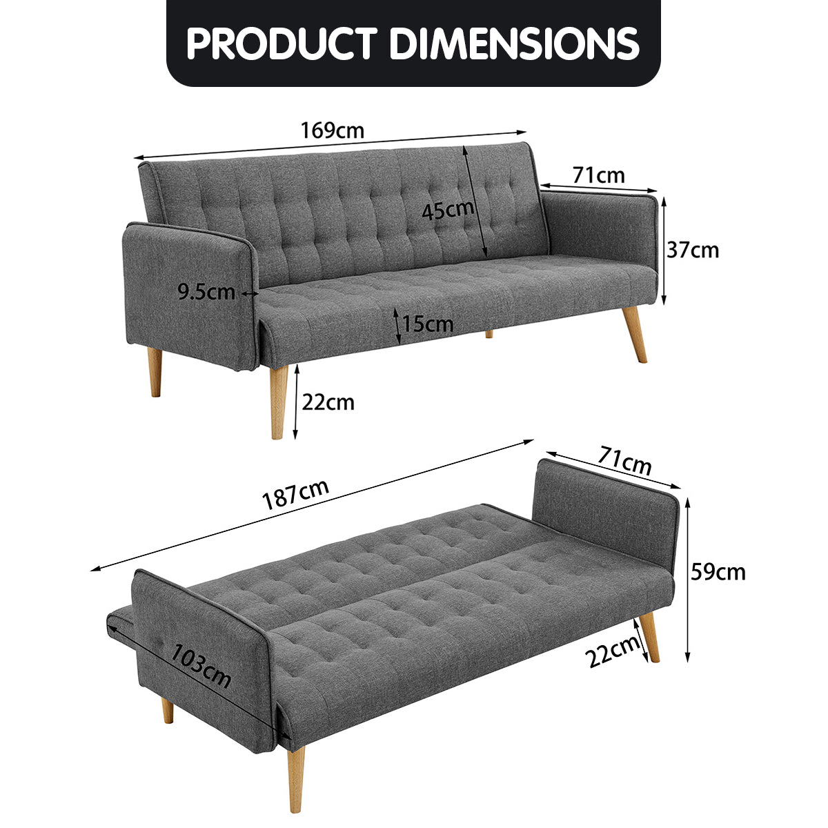 Modular Linen Fabric 3 Seater Sofa Bed, Adjustable, Grey - Sarantino